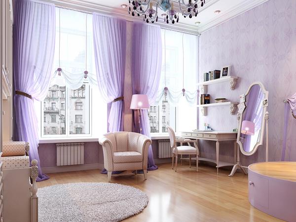 violetti väriyhdistelmä olohuone klassiset ylelliset verhot nojatuolit