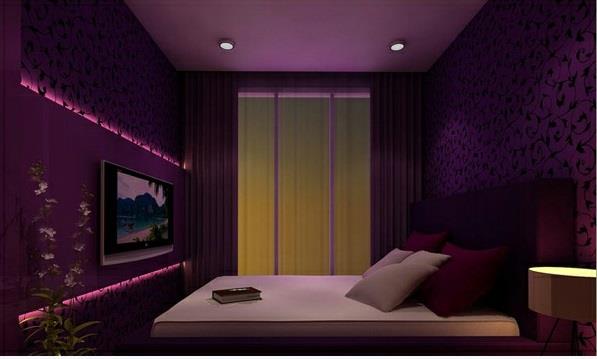 violetti makuuhuoneen suunnitteluideoita tummat värit tv