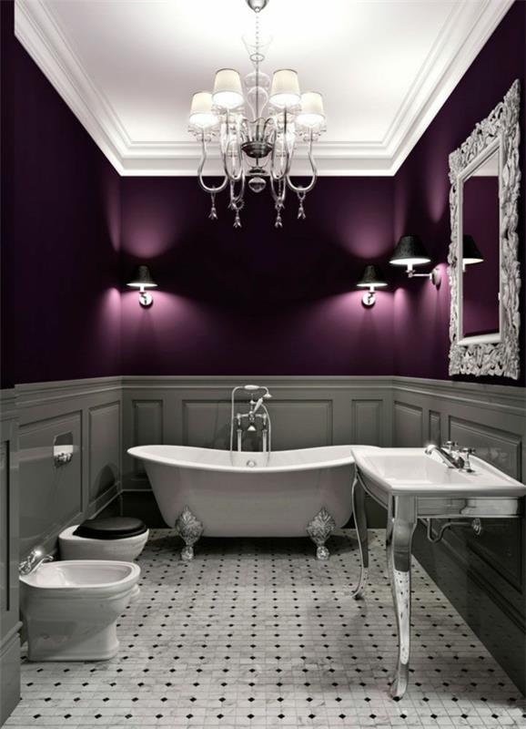 violetti ja harmaa väriyhdistelmä kylpyhuoneen kattokruunussa