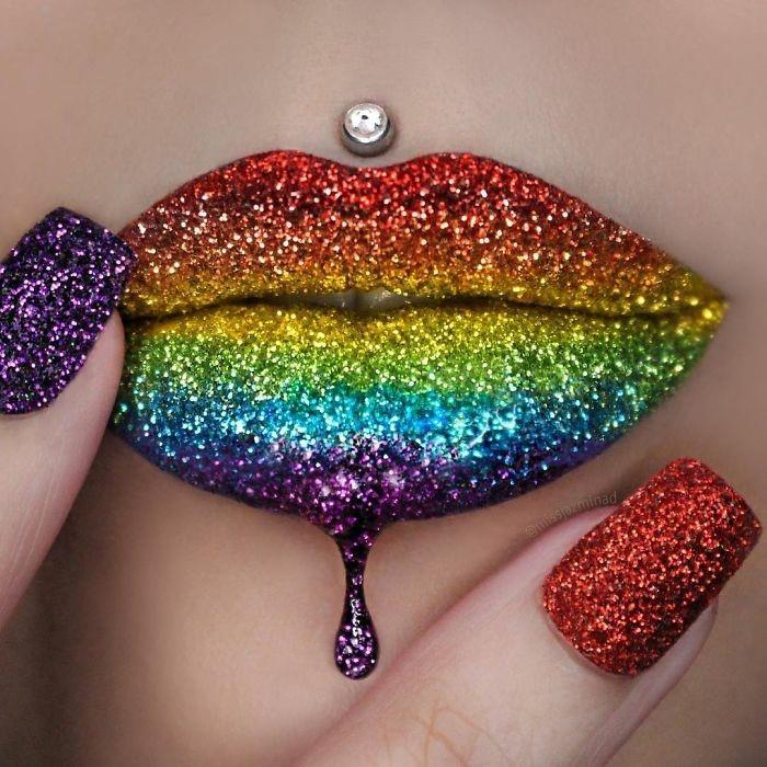 huulet muodostavat meikkiideoita juhlat glitter sateenkaari värit nageldesign