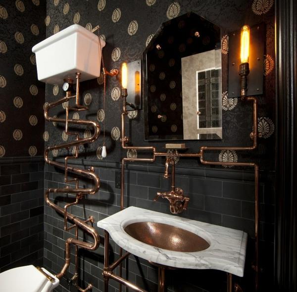 ylellinen kylpyhuone musta kupariputkinen pesuallas