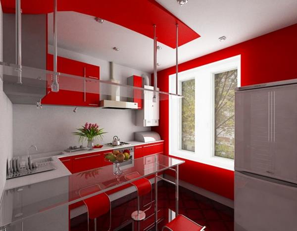 ylellinen keittiö suunnittelee modernit kompaktit kalusteet punaiset aksentit hi-tech