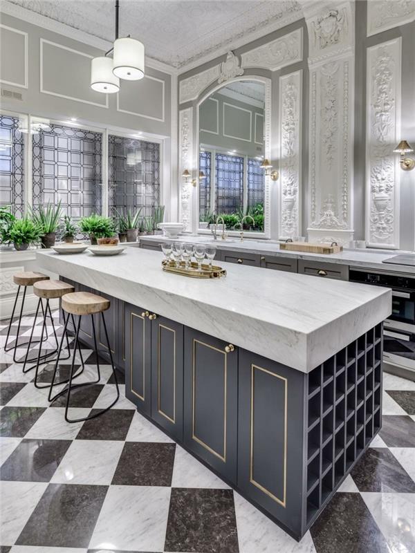 ylelliset keittiökalusteet, joissa on matta marmorinen shakkilattia