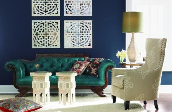 ylellinen nahkasohva klassinen marokkolaistyylinen turkoosi nojatuoli pöydän vieressä