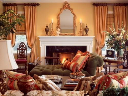ylellinen olohuone sekoittaa värejä tekstuurit idea sisäänrakennettu takka maalaismainen tyyli