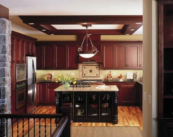 mahonki puu keittiösaari kattovalaisimet modernit keittiön suunnitteluideat