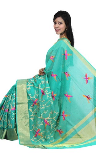 Aqua Blue Maheshwari nyomtatott pamut Saree