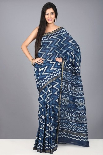 Blå Tussar silke Maheshwari Sari med håndblokprint