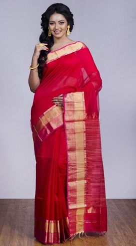 Hot Pink Maheshwari Saree Med Golden Zari