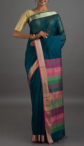 Sötétkék Maheshwari pamut selyem Saree