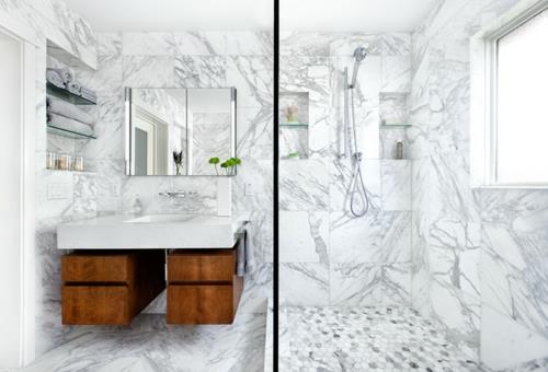 marmori talossa käyttää tiikki pohja kaapit tilava suihkukaappi