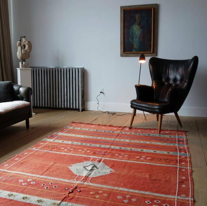 marokkolaiset matot punainen matto musta nojatuoli