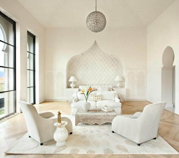 marokkolainen tyylikäs talo valkoinen syvä kasa matto pyöreä kattokruunu