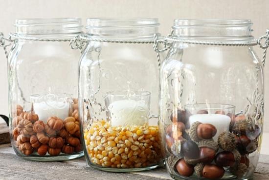 lasipurkki syksy koristelu lasissa pähkinöitä maissia
