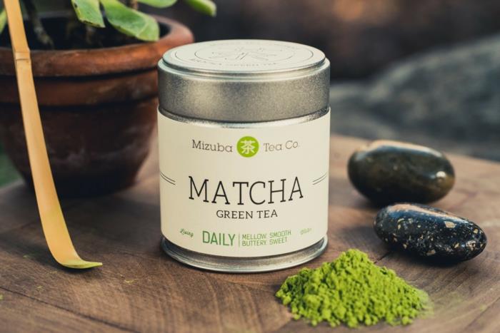 matcha -tee terveellinen vihreä jauhetee caddy mizuba -merkki