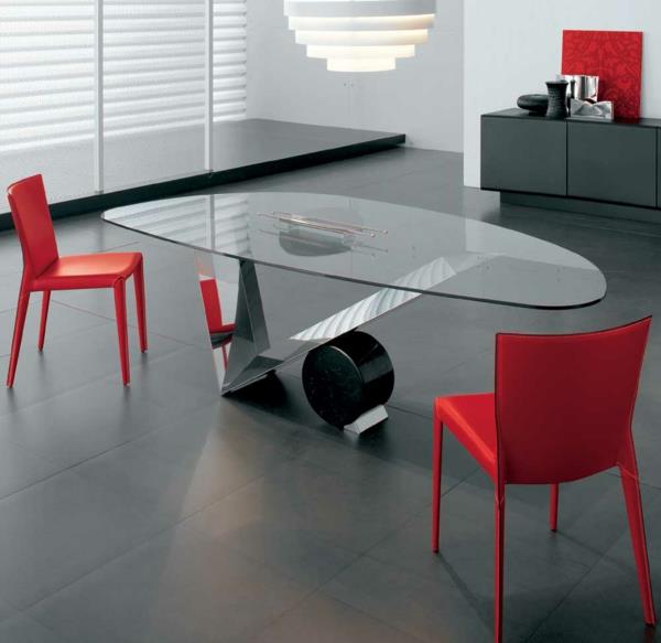 huonekalut ruokasali abstrakti muodot viivat punainen pehmustettu tuoli lasipöytä