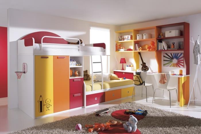 huonekalut lastenhuone värillinen aksentti beige matto parvisänky