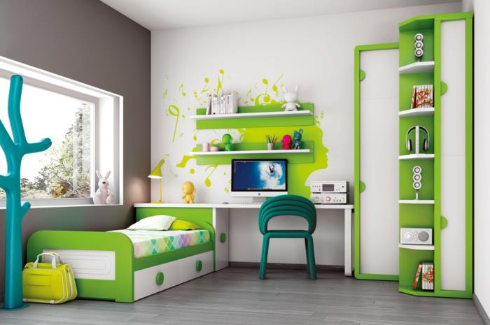 huonekalut lastenhuone vihreä aksentti valkoiset seinät