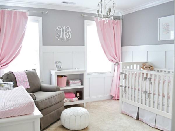 tyttöjen vauvan huone harmaa valkoinen vaaleanpunainen aksentti