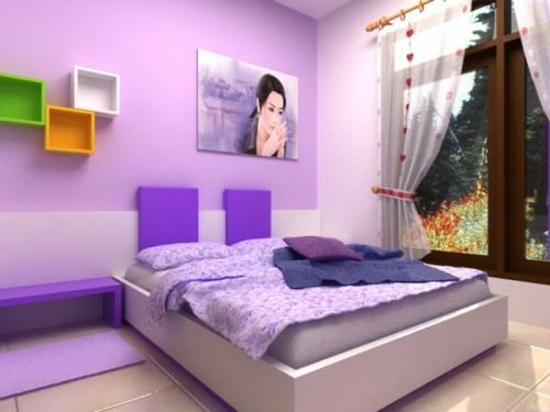 tyttöjen lastenhuoneen värisuunnittelu nuorten huoneeseen violetit värit sänky -ikkuna
