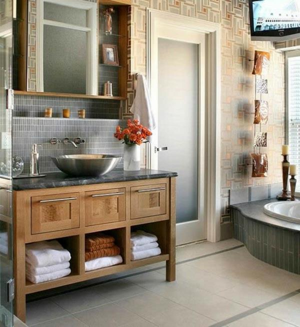 lisää säilytystilaa kylpyhuoneessa kaunis puinen lipasto ja kulhon muotoinen pesuallas