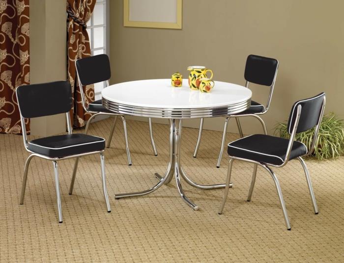 metallikalusteet retro -tyylinen pyöreä ruokapöytä mustat tuolit keinonahka kromi