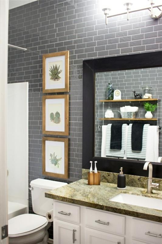 metro laatat kylpyhuone harmaa seinälaatat avoimet seinähyllyt deco ideoita