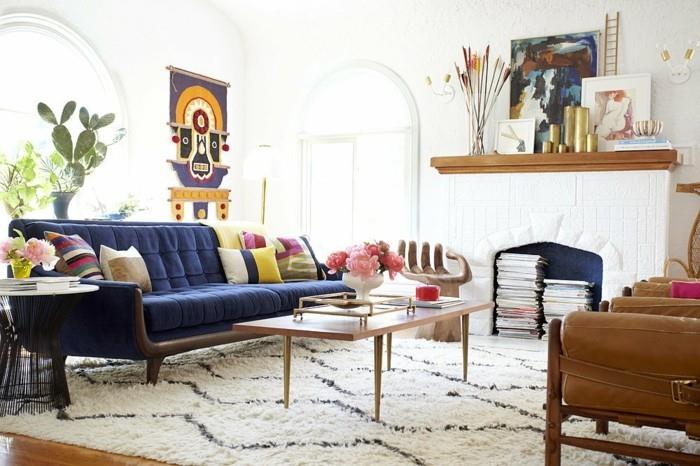 vuosisadan puolivälin tyyli olohuone sohvapöytä nahka nojatuoli sininen sohva syvä nukka matto