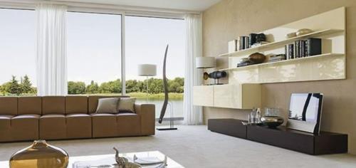 minimalistinen muotoilu olohuone idea sohva hyllyt verhot