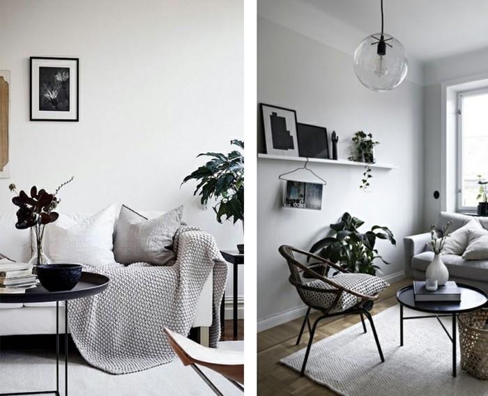 minimalistinen sisustus vaaleat seinät musta sivupöytä