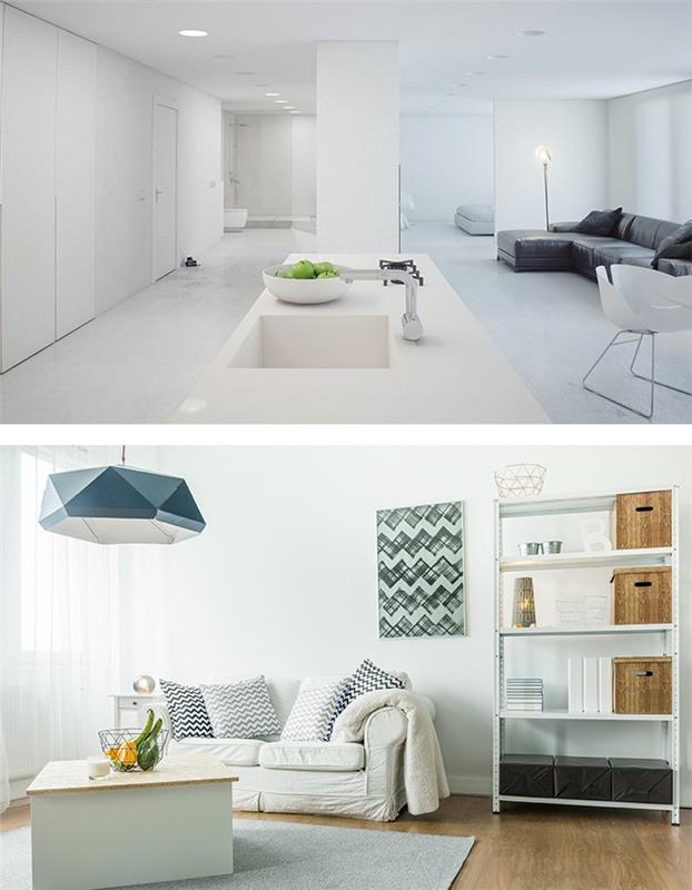 minimalistinen olohuone, valkoiset seinät