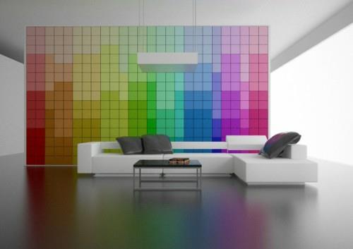 minimalistinen sisustus olohuone väliseinä neliöt vivahteet värikäs