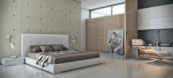 minimalistinen makuuhuone matala huonekalut pääty valkoinen iso betonitaustakuva