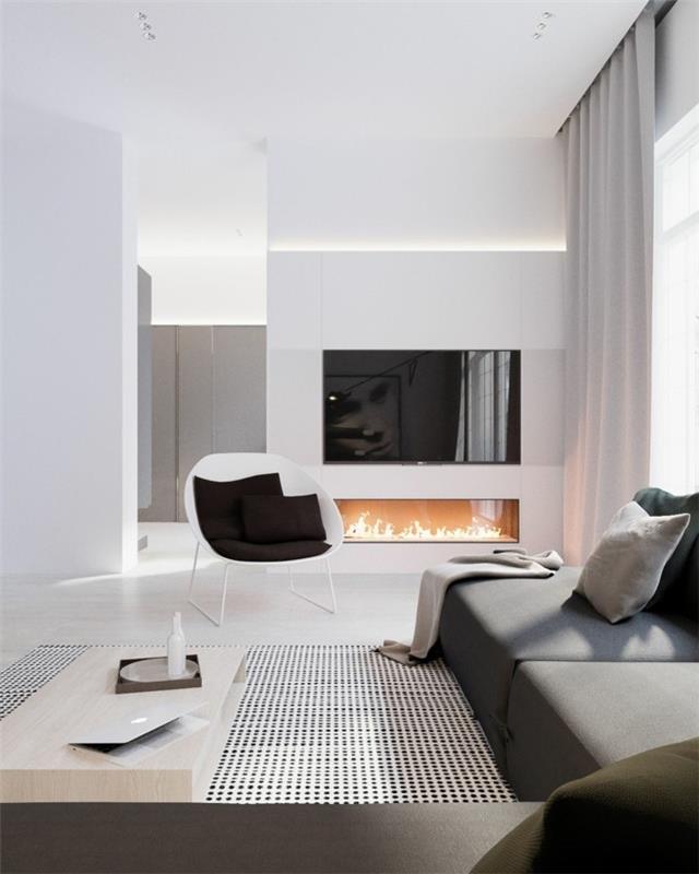 minimalistinen olohuone tyylikäs olohuone sisustus takka kaunis matto