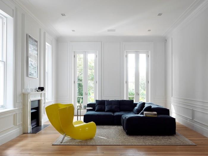 elävä minimalistinen tyylikäs kulmasohva keltainen nojatuoli