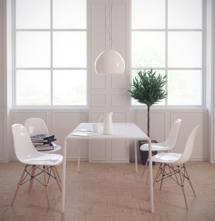 minimalistinen olohuone pieni ruokailutila valkoiset huonekalut vaaleat lattiat tuoreet ja kutsuvat