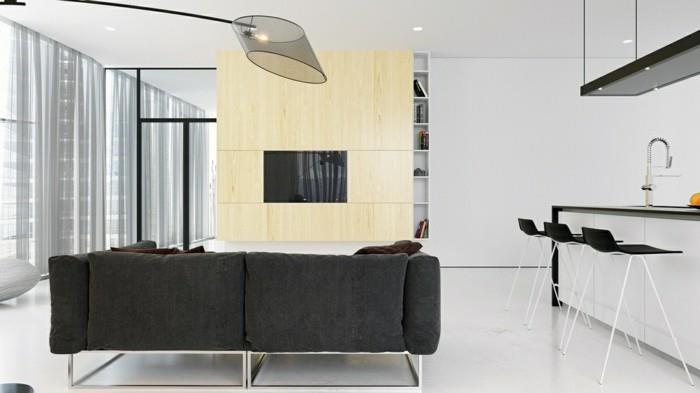 minimalistinen olohuone pieni olohuone harmaa sohva avoin suunnitelma