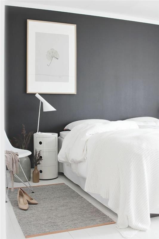 minimalistinen elävä minimalistinen makuuhuone valkoinen vuodevaatteet harmaa aksenttiseinä