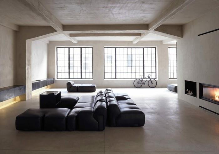 minimalistinen olohuone tyylikäs olohuone sisustus nahkasohva takka