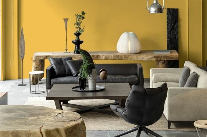 minimalistinen elävä oloidea olohuone keltainen seinä