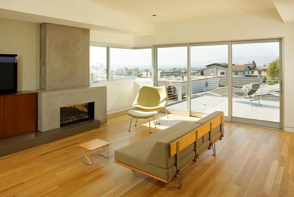 minimalistinen olohuoneen lattiapuu takka sisäänrakennettu sohva