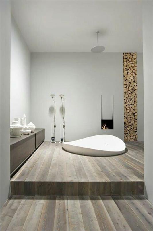 minimalistiset kylpyhuoneideat kylpyamme puulattiat