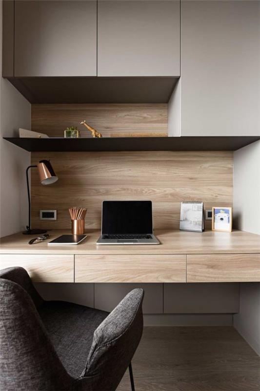 minimalistinen kotitoimisto vaalea puuharmaa seinäyksikkö harmaa nojatuoli erittäin houkutteleva