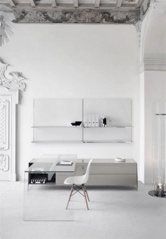 minimalistinen kotitoimisto mielenkiintoinen designyhdistelmä tyylejä lasipöytä valkoinen väri koriste -elementit katossa