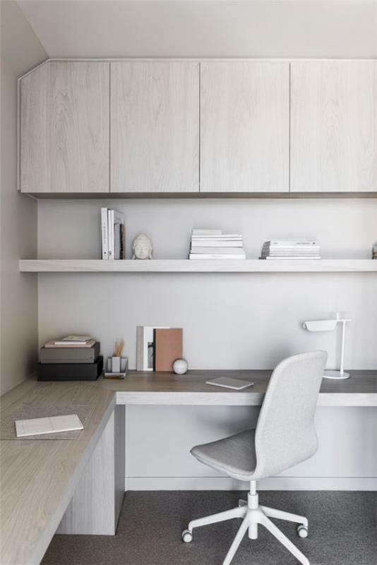 minimalistinen kotitoimisto luo täydellisen työilmapiirin huoneen kulmaan, kirkkaat harmaan ja valkoiset värit