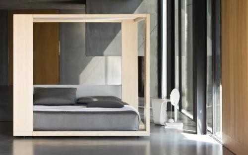 minimalistinen sänky design makuuhuone harmaa vuodevaatteet