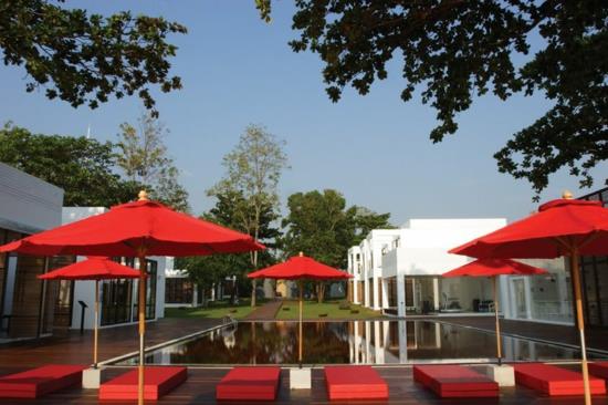minimalistinen hotelli suunnittelu kirjasto uima -allas punaiset päivänvarjot