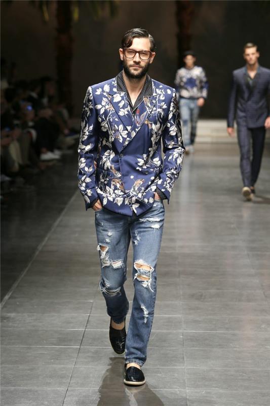 miesten muotivirtaukset 2016 rento katutyylinen takki kukkakuvioiset denim -housut dolce gabbana