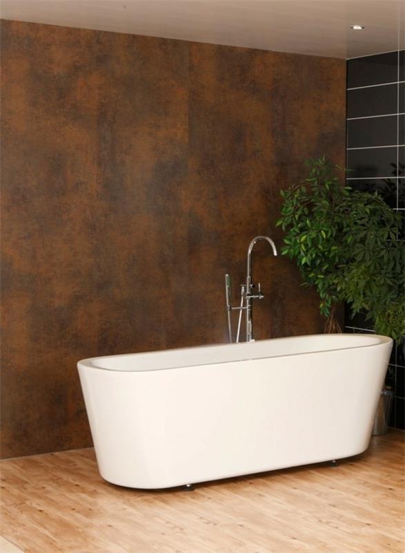 moderni sisustus kylpyhuone aksentti seinä valkoinen kylpyamme kasvi