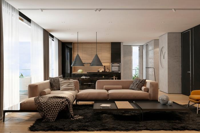 moderni sisustus musta matto beige huonekalut avoin pohjaratkaisu riippuvalaisimet